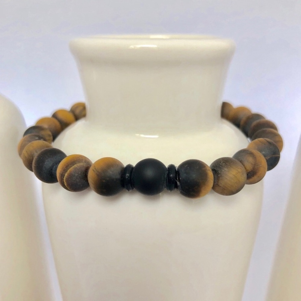 MENS Tiger Eye Onyx Gemstone Beaded Bracelet